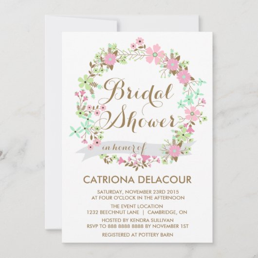 Colorful Floral Wreath Bridal Shower Invitation Kaart (Voorkant)