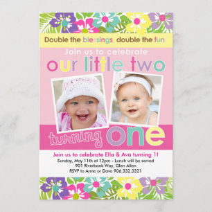 Colorful Florals Twin Girls First Birthday Kaart