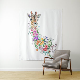 Colorful Flowers Bouquet Giraffe Tapestry Spring Wandkleed