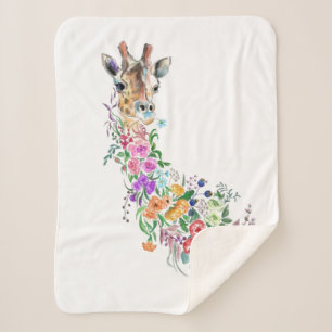 Colorful Flowers Bouquet Giraffe - Tekening Modern Sherpa Deken