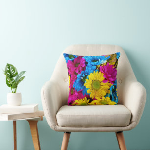 Colorful Flowers, Daisies - Blue Yellow Pink Kussen