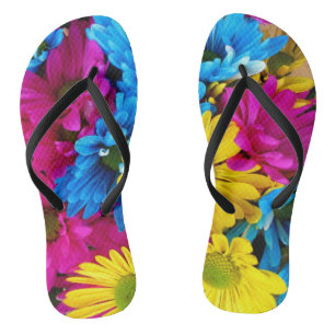 Colorful Flowers, Daisies - Blue Yellow Pink Teenslippers