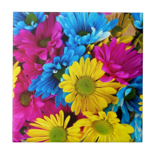 Colorful Flowers, Daisies - Blue Yellow Pink Tegeltje