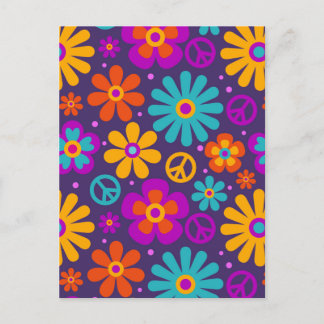 Colorful Flowers Peace Love Groovy Retro Hippie Briefkaart
