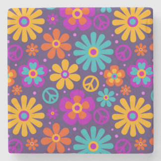 Colorful Flowers Peace Love Groovy Retro Hippie Stenen Onderzetter