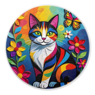 Colorful Folk Art Cat Keramische Knop