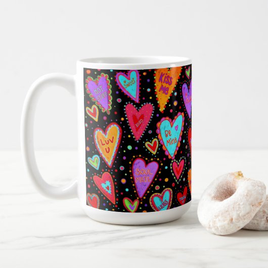 Colorful Fun Conversation Heart Koffiemok (Met donut)