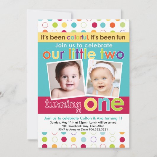 Colorful Fun Twins First Birthday Uitnodiging (Voorkant)