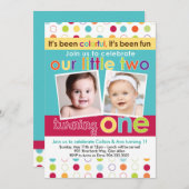 Colorful Fun Twins First Birthday Uitnodiging (Voorkant / Achterkant)