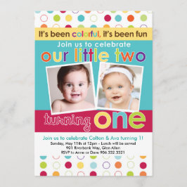 Colorful Fun Twins First Birthday Uitnodiging