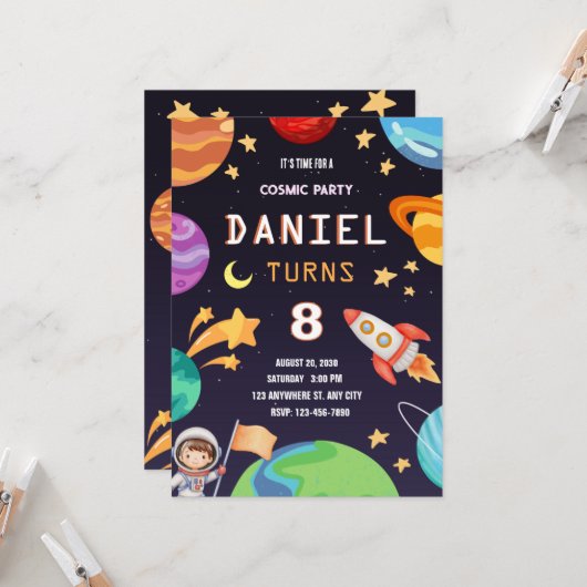 Colorful Galaxy Birthday Party Kaart (Voorkant / Achterkant in situ)