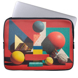 Colorful Geometric Shapes on Red Background Laptop Sleeve