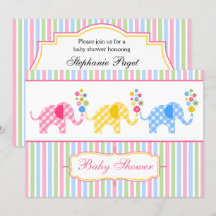 Colorful Gingham Elephants Baby shower Kaart