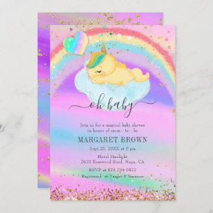 Colorful Gold Glitter Slapend Unicorn Baby shower Kaart