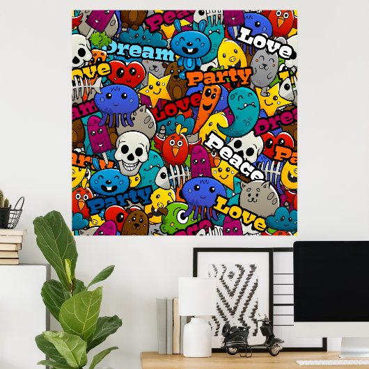 Colorful Graffiti Character Pattern Poster (Thuiskantoor)