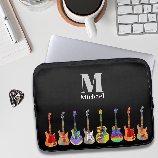 Colorful Guitar Monogram Laptop Sleeve (Funky guitar pattern on black personalized monogram music teacher guitarist musician performer )