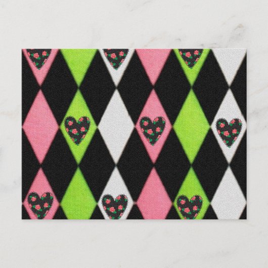 Colorful Harlequin Print met Roos Hearts Briefkaart (Voorkant)