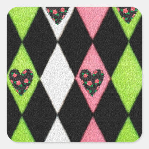 Colorful Harlequin Print met Roos Hearts Vierkante Sticker