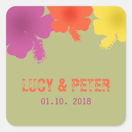 Colorful Hawaiian Hibiscus Wedding Stickers (Voorkant)