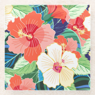 Colorful Hibiscus Pattern Glazen Onderzetter