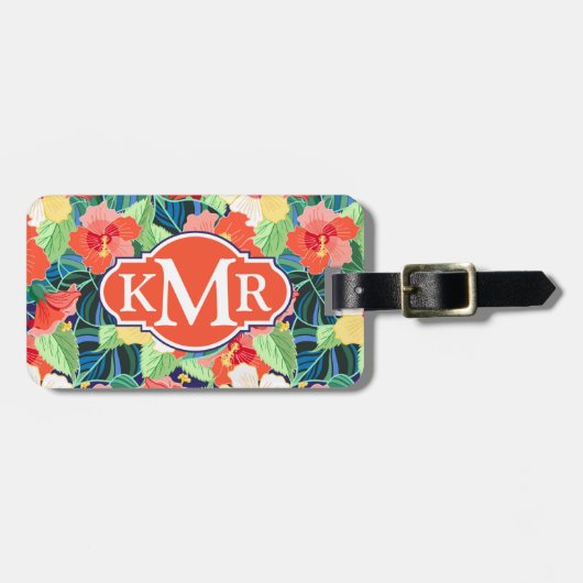 Colorful Hibiscus Pattern | Monogram Bagagelabel (Voorkant horizontaal)