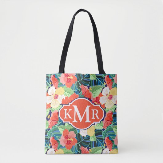 Colorful Hibiscus Pattern | Monogram Draagtas (Voorkant)
