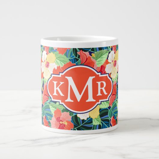 Colorful Hibiscus Pattern | Monogram Extra Grote Mok (Voorkant)