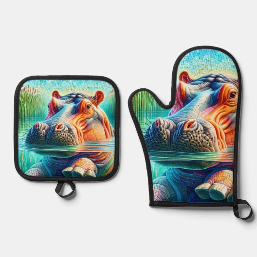 Colorful Hippo  Ovenwant & Pannenlap Set (Voorkant)