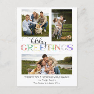 Colorful Holiday Greetings Typografie 3-Foto Feestdagenkaart