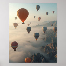 Colorful Hot Air Balloons Misty Mountain Sunrise Poster