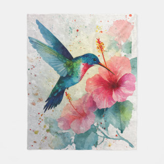 Colorful Hummingbird Pink Floral Watercolor Blanke Fleece Deken