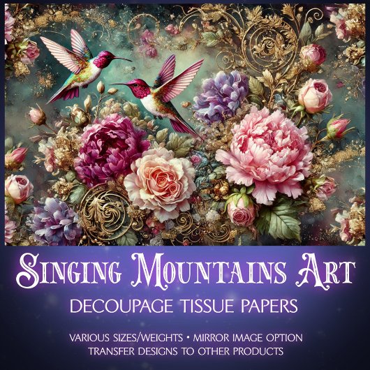 Colorful Hummingbirds & Antique Roses Decoupage  Tissuepapier