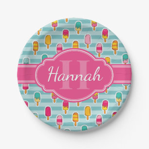 Colorful Ice Pop Pattern met Roze Monogram Papieren Bordje