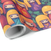 Colorful Japanese Kokeshi Dolls Pattern Cadeaupapier (Rol Hoek)