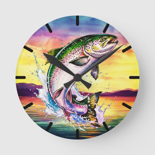 Colorful Jumping Rainbow Trout Clock Ronde Klok (Voorkant)