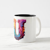 Colorful Liquid Letter "U" Mug – Vibrant 3D Paint  Tweekleurige Koffiemok (Voorkant rechts)