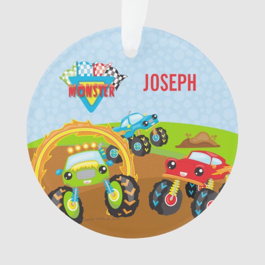 Colorful Little Boy Monster Trucks noemen Kerstnaa Ornament (voorkant)