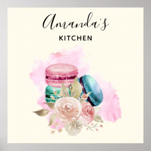 Colorful Macarons en Flowers Waterverf Kitchen Poster