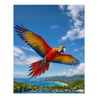 Colorful Macaw Parrot in Flight – Tropical Wildlif Perfect Poster