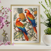 Colorful Macaw Parrots with Pineapples Poster