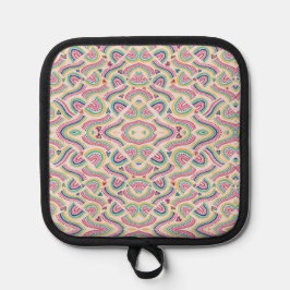 Colorful mandala-patterned pot holder with black  pannenlap