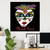 Colorful Mardi Gras Glitter Feather Mask Poster (Thuiskantoor)