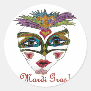 Colorful Mardi Gras Glitter Feather Mask Ronde Sticker