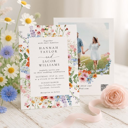 Colorful Meadow Wildflower Wedding QR Code Kaart
