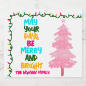 Colorful Merry Bright Pink Christmas Party Custom Sparkling Wijnetiket (Enkel label)