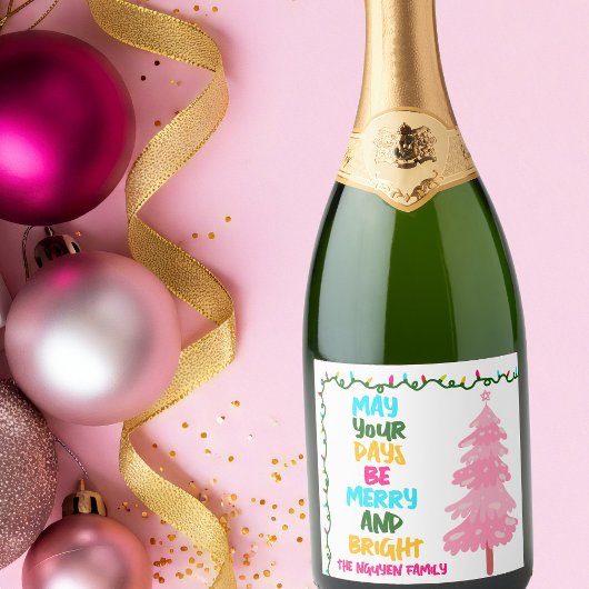 Colorful Merry Bright Pink Christmas Party Custom Sparkling Wijnetiket