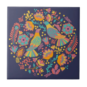 Colorful Mexican Folk Art Birds and Flowers Blue Tegeltje