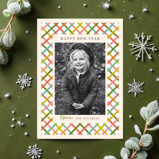 Colorful Modern Crisscross Photo New Year Feestdagenkaart
