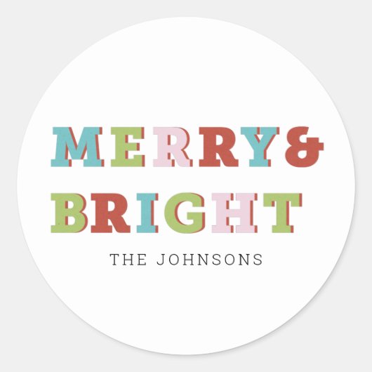 Colorful Modern Merry & Bright Kerstmis Ronde Sticker (Voorkant)