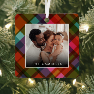 Colorful Modern Plaid Christmas Photo  Metalen Ornament